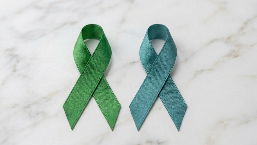 Green and teal awareness ribbons pinned to gray fabric